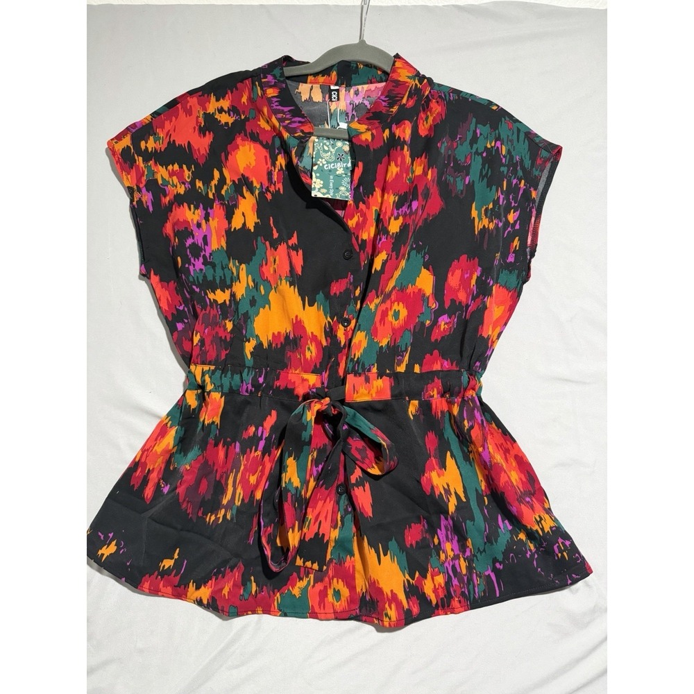 CiCiBird brand colorful sleeveless button up shirt w/collar, women's large NWT